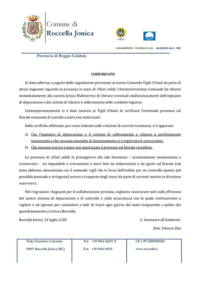 ROCCELLA JONICA: DOPO LE SEGNALAZIONI DI ALCUNI BAGNATI, L'AMMINISTRAZIONE RASSICURA NESSUN SVERSAMENTO IN MARE - 