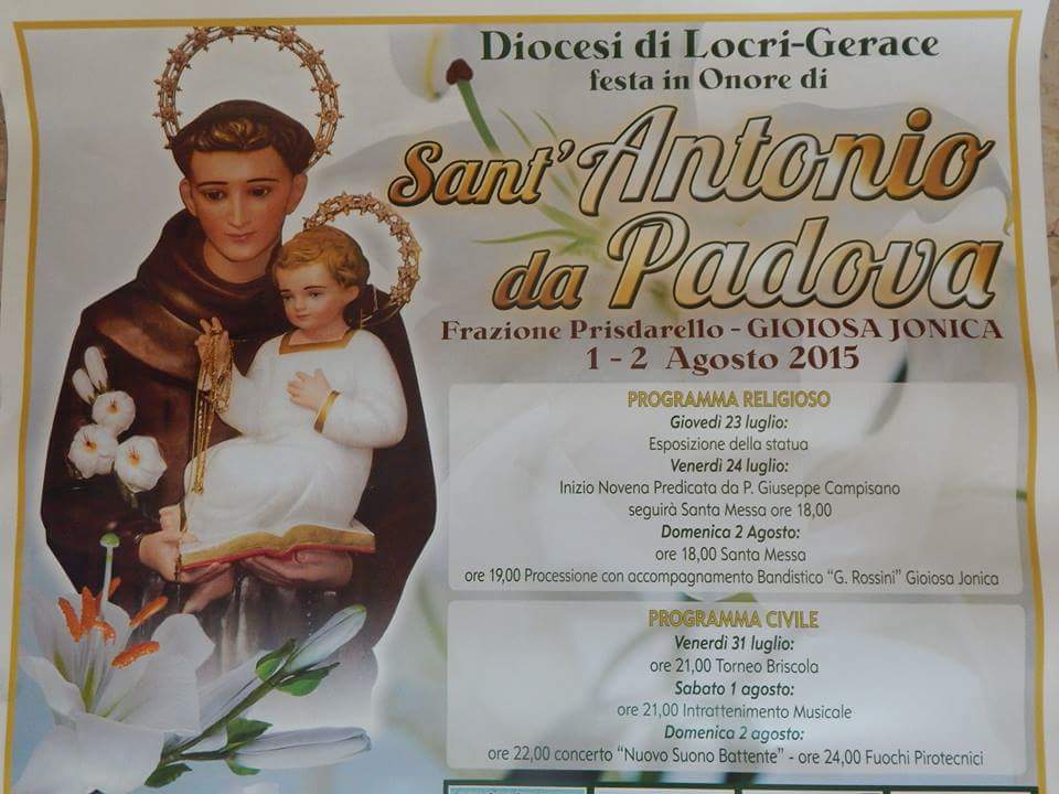 PRISDARELLO DI GIOIOSA JONICA: SABATO E DOMENICA LA FESTA IN ONORE DI SANT'ANTONIO DA PADOVA - 