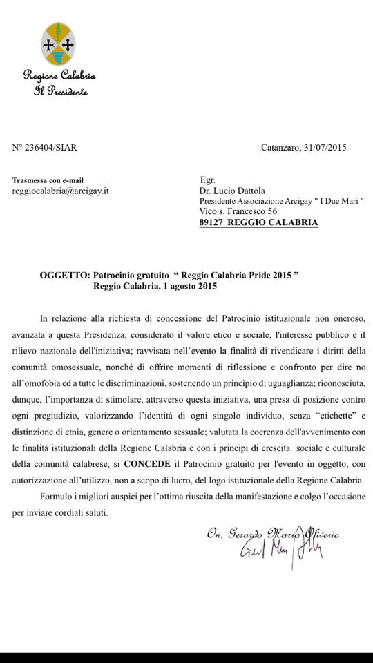 IL PRESIDENTE DELLA REGIONE CONCEDE IL PATROCINIO AL GAY PRIDE CHE SI SVOLGERA'  DOMANI A REGGIO CALABRIA - 