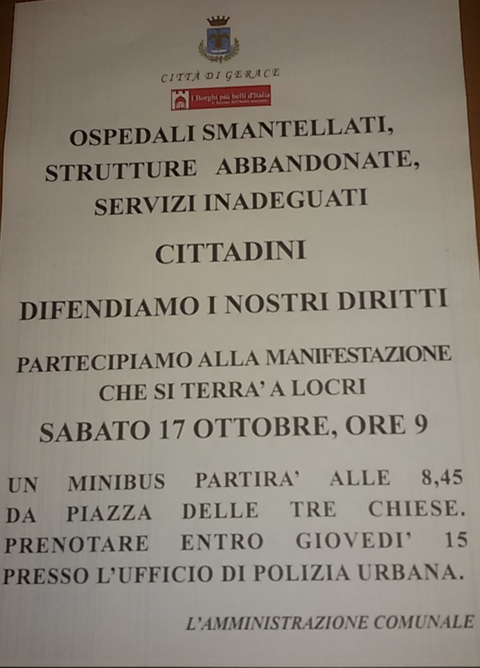 GERACE: IL SINDACO INVITA I CITTADINI AD ADERIRE ALLA MANIFESTAZIONE A DIFESA DELL'OSPEDALE DI LOCRI - 