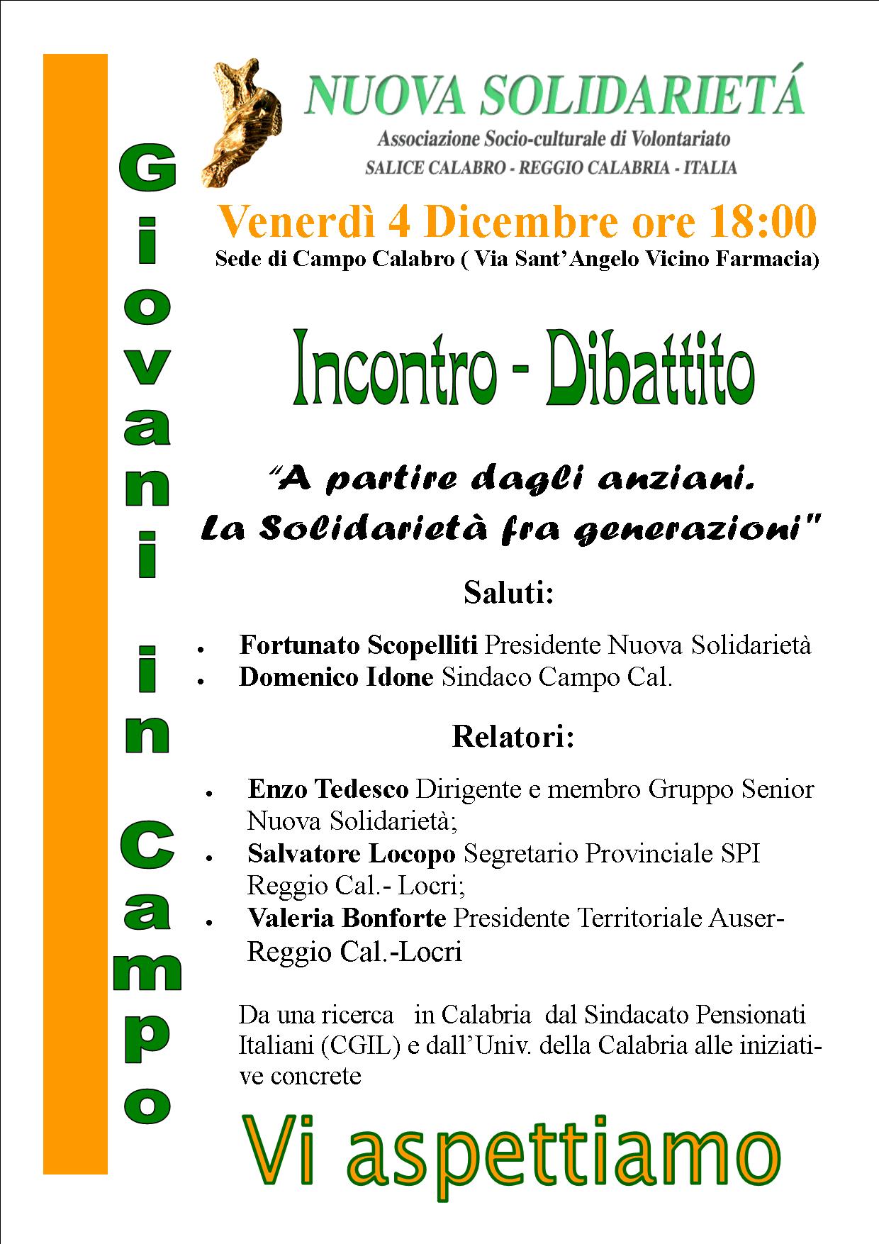 Venerdì 4 Dicembre incontro dal titolo 'A partire dagli anziani, la solidarietà fra generazioni'  - 