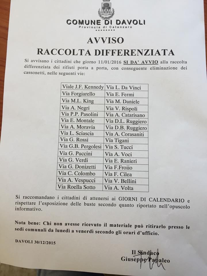 Davoli: Lunedì inizia la raccolta differenziata in Marina - 