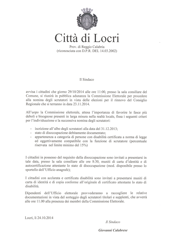 Locri, stabiliti i criteri per la scelta degli scrutatori alle prossime elezioni regionali - 