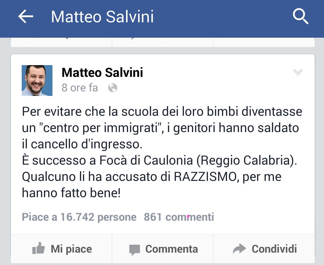 IMMIGRATI A CAULONIA: IL LEADER DELLA LEGA MATTEO SALVINI PLAUDE AI GENITORI DI FOCA' - 